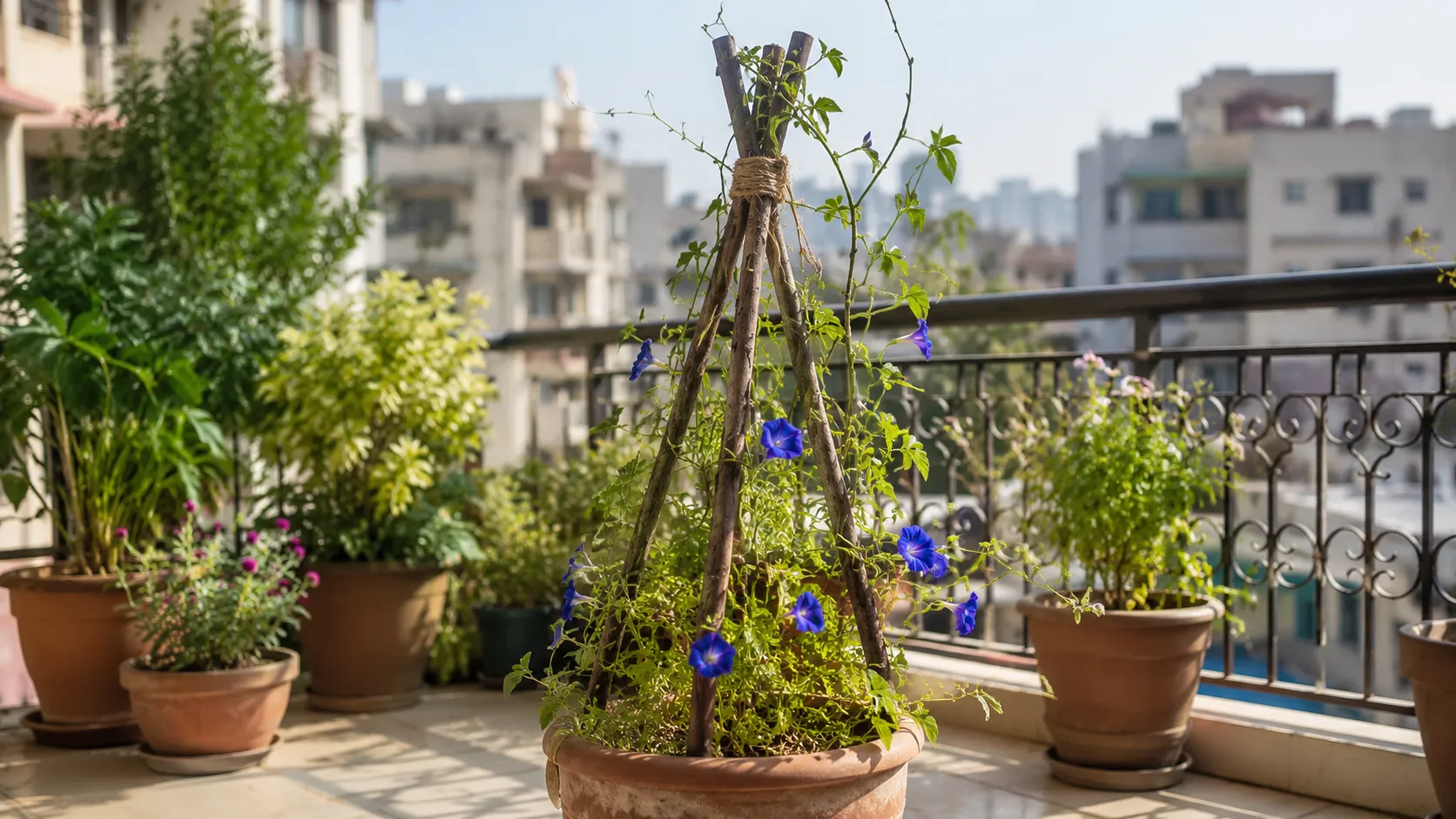 Tripod Trellis with Branches and Twine